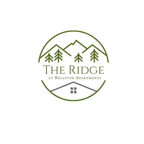 The logo for The Ridge at Bellevue Apartments features a green circle with a mountain range, trees, and a house.